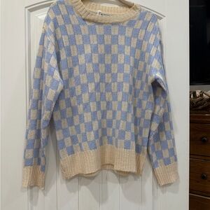 Wishlist Checked Crewneck Sweater in Cream and Light Blue